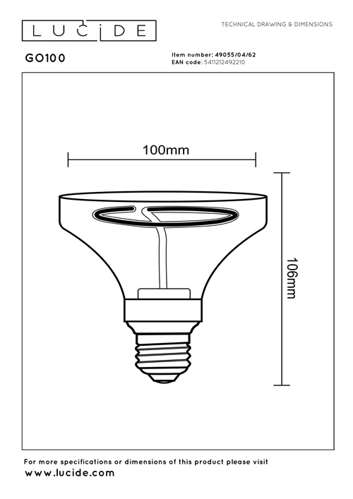 Lucide GO100 - Filament bulb - Ø 10 cm - LED Dim. - E27 - 1x4W 2200K - Amber - technical